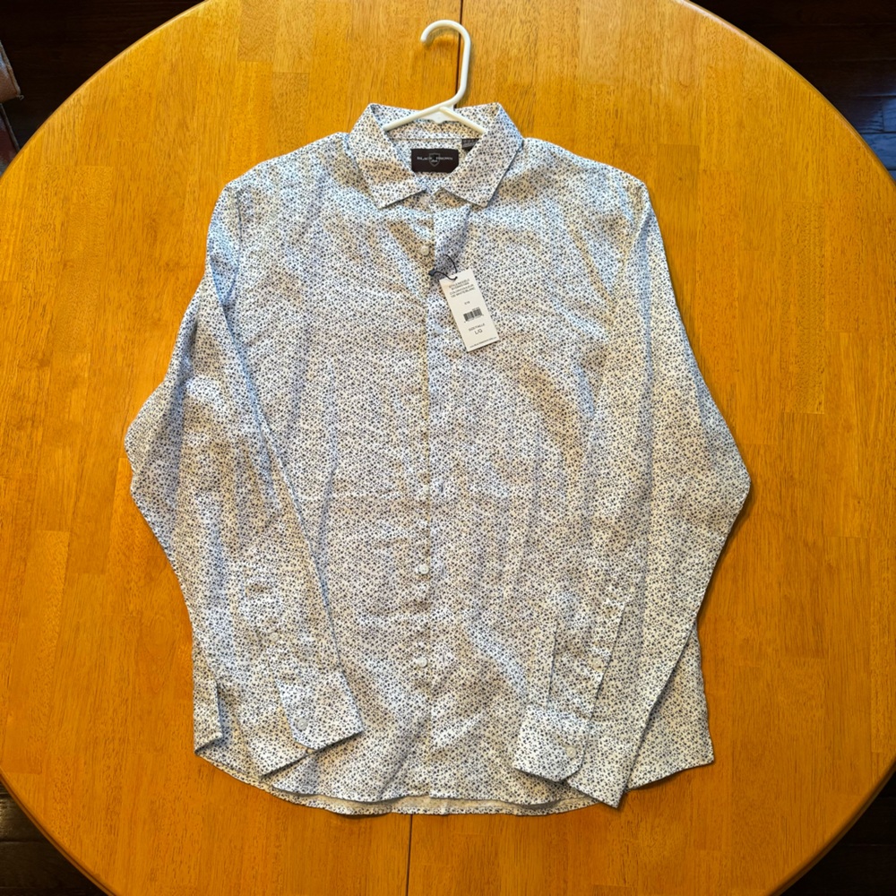 Black Brown 1826 Men’s Large Button Down White with floral navy pattern